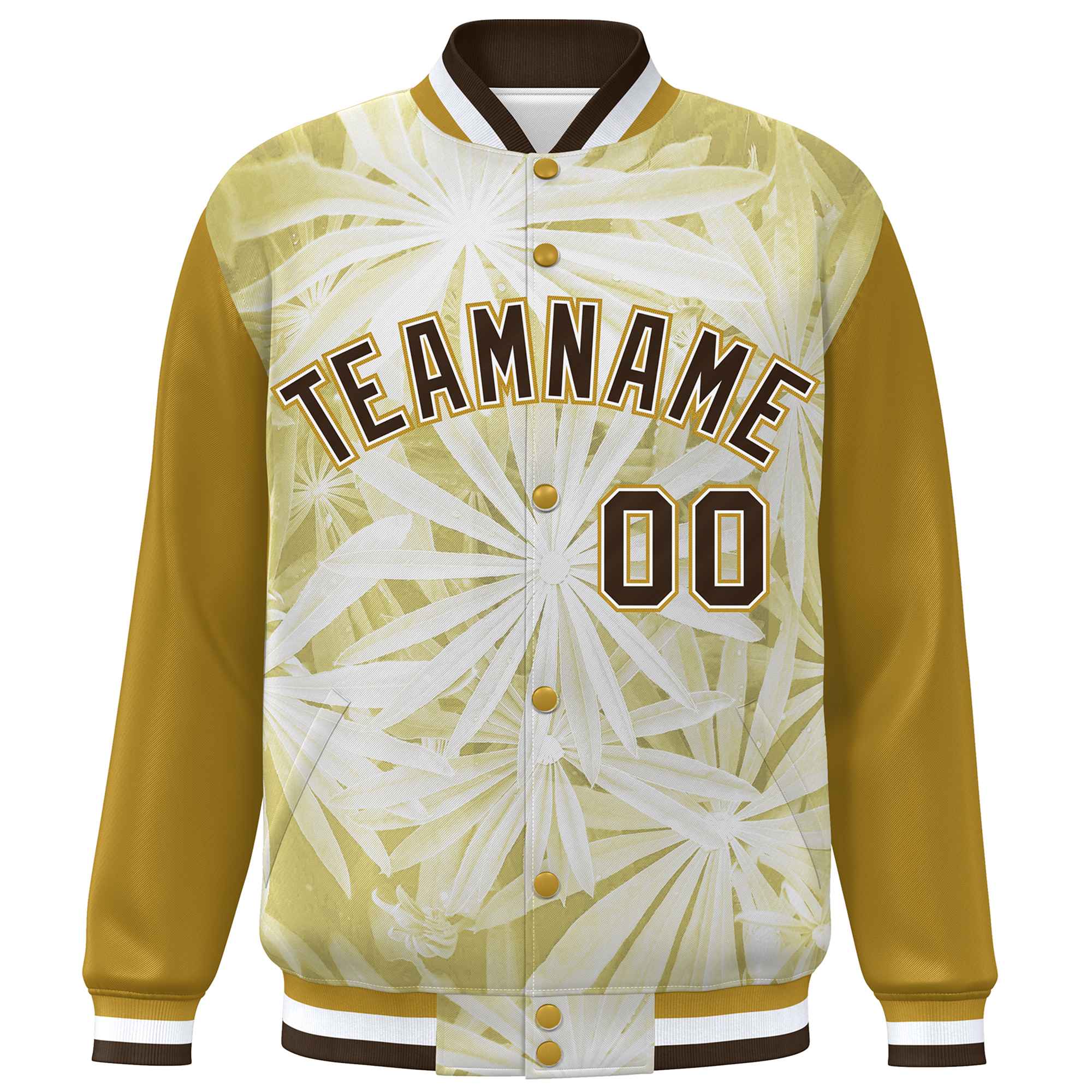 Custom Old Gold Brown-White Maple Leaf Raglan Sleeves Bomber Graffiti Pattern Varsity Jacket