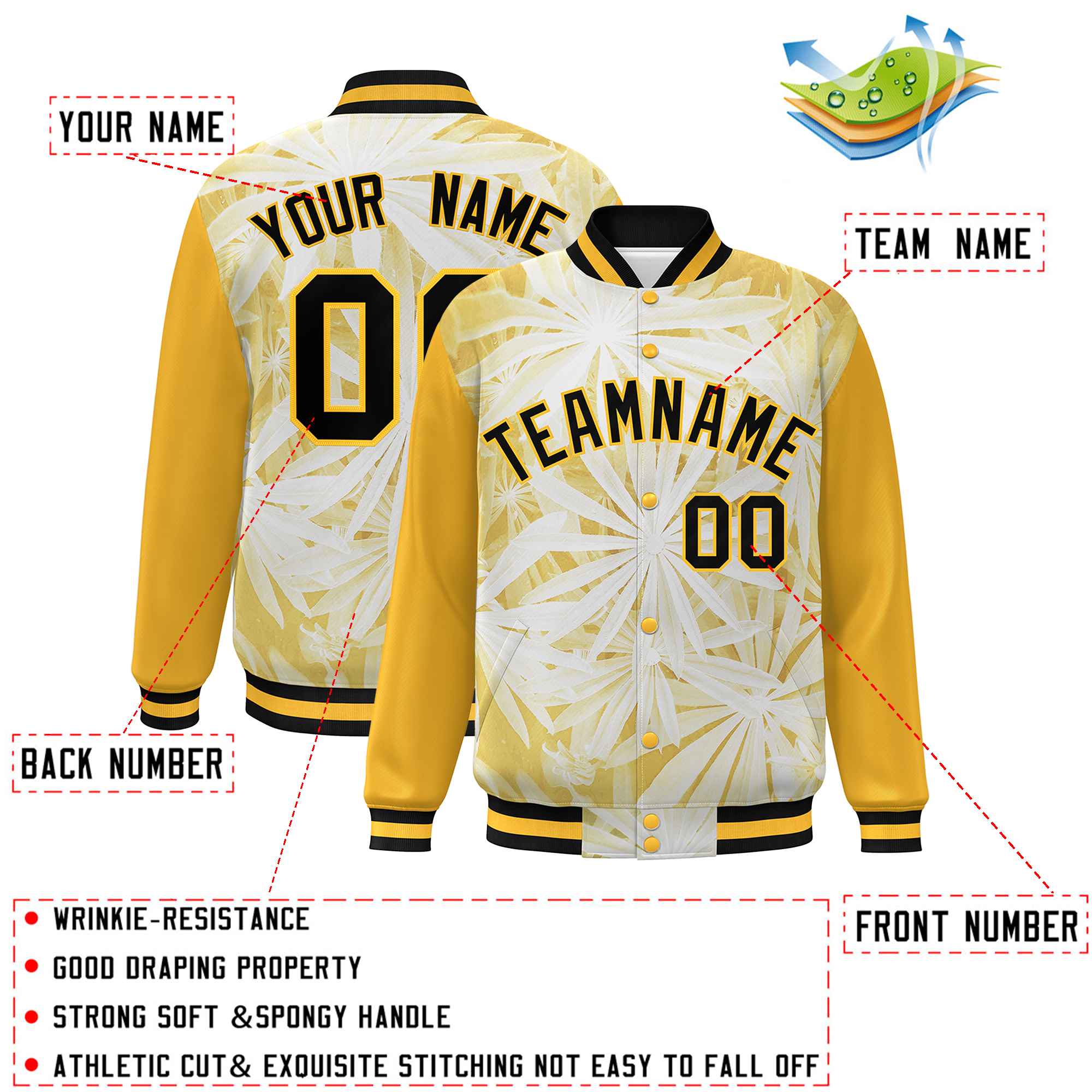 Custom Gold Black Maple Leaf Raglan Sleeves Bomber Graffiti Pattern Varsity Jacket