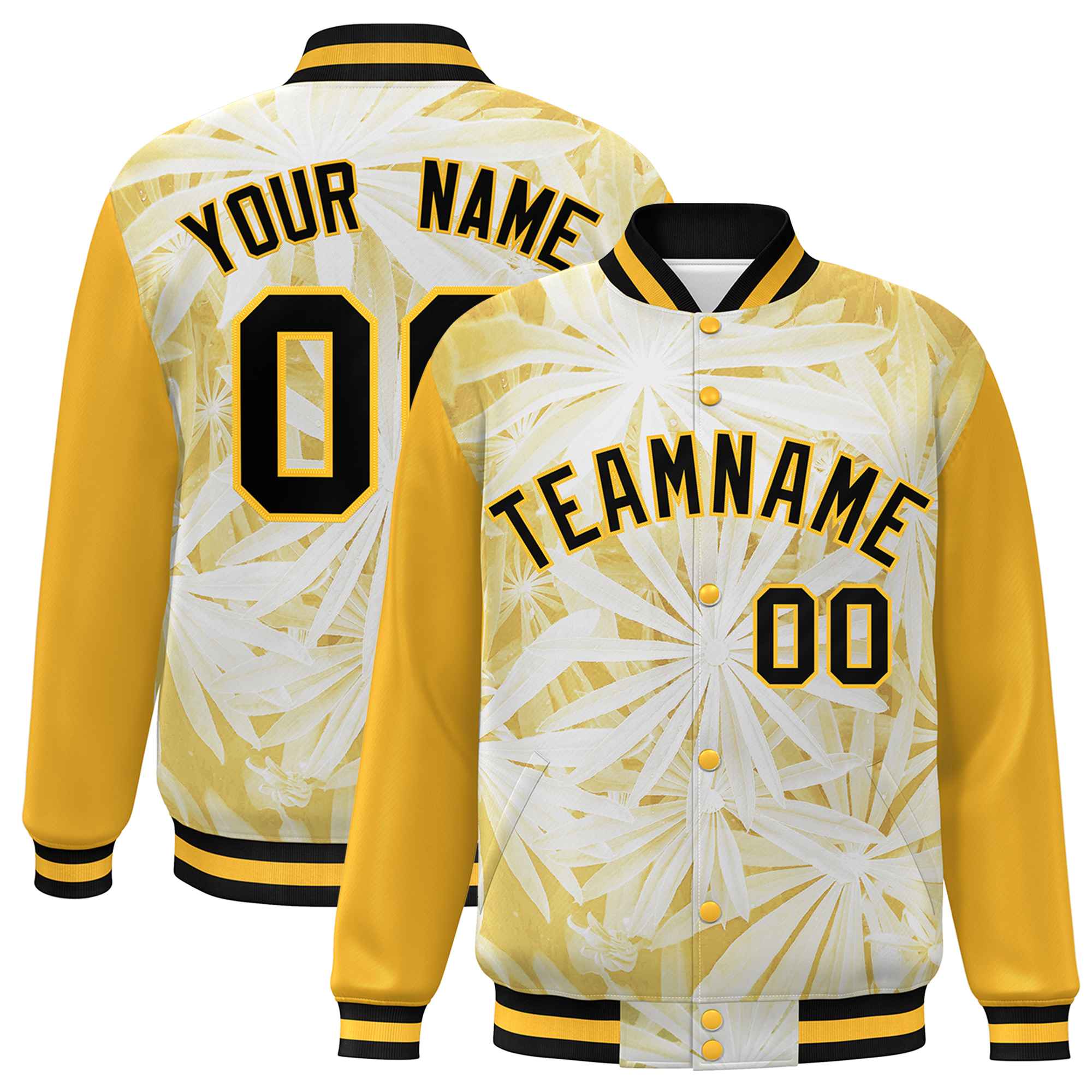 Custom Gold Black Maple Leaf Raglan Sleeves Bomber Graffiti Pattern Varsity Jacket