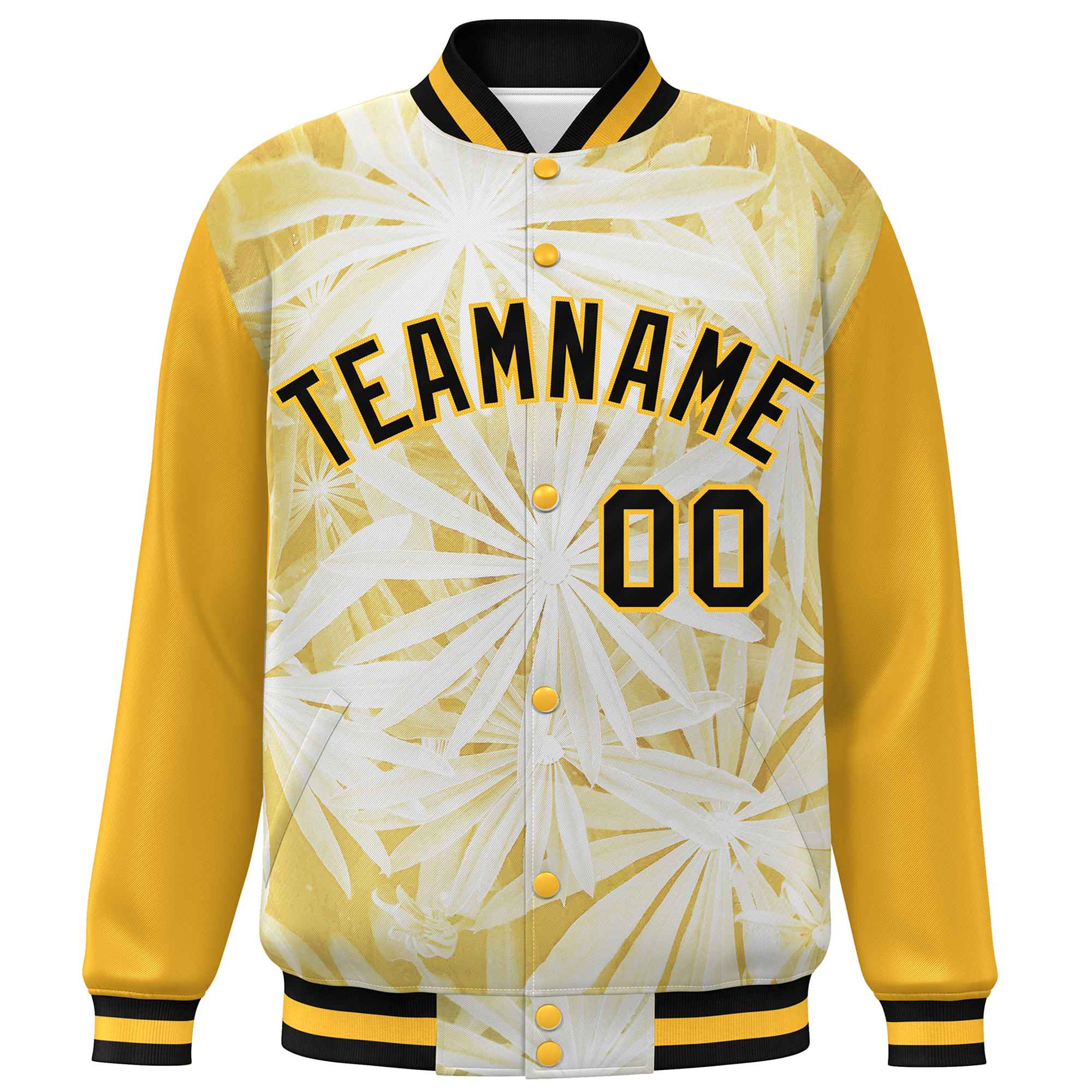 Custom Gold Black Maple Leaf Raglan Sleeves Bomber Graffiti Pattern Varsity Jacket