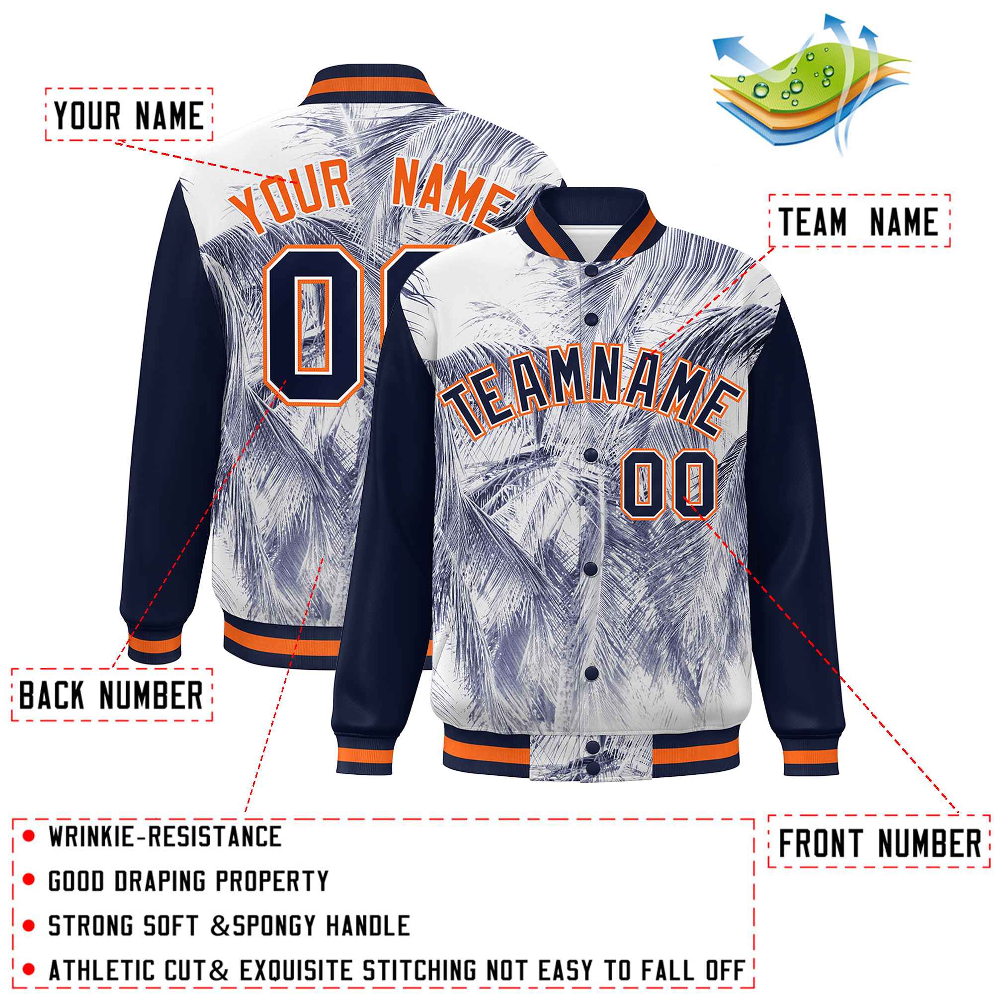 Custom Navy Orange-White Maple Leaf Raglan Sleeves Bomber Graffiti Pattern Varsity Jacket