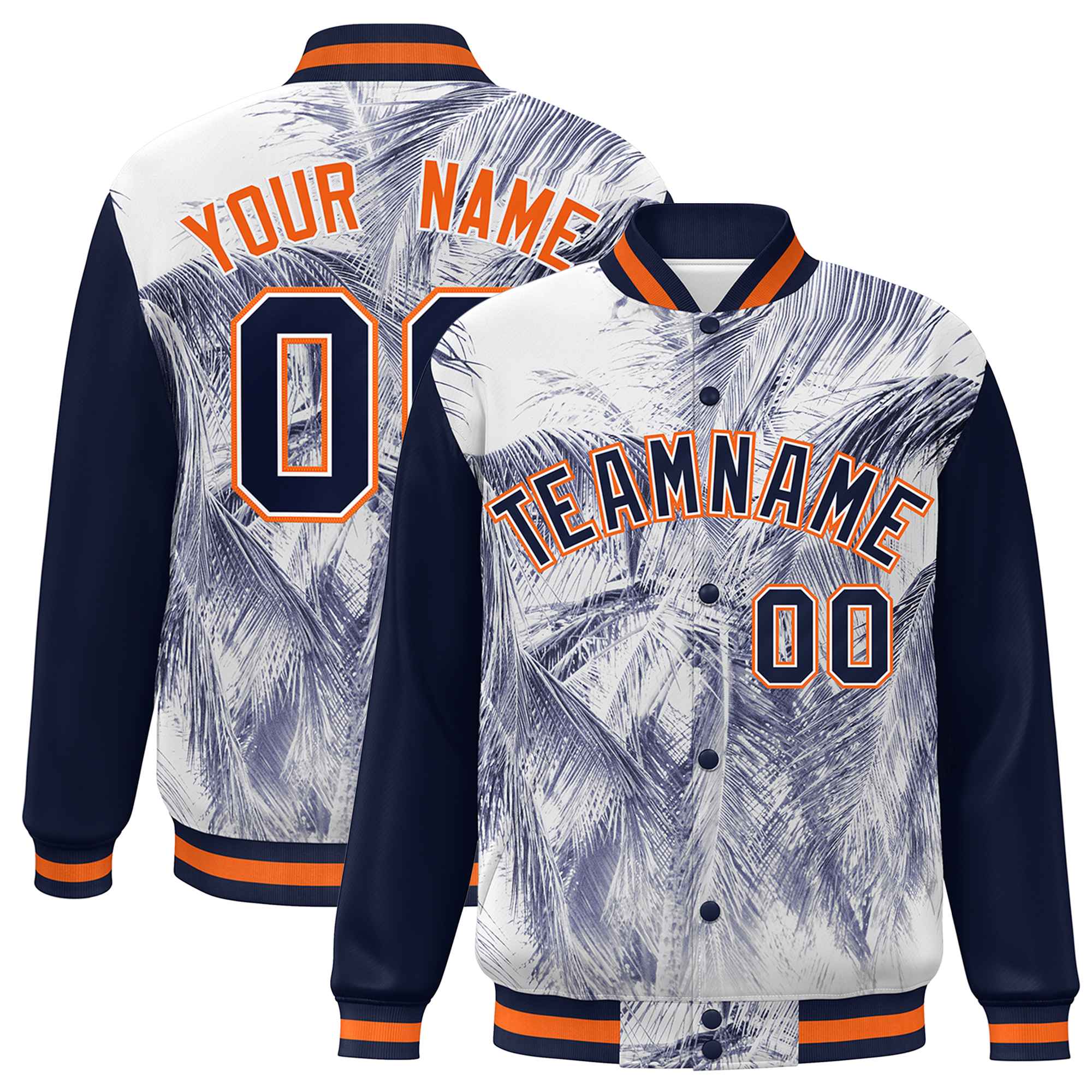 Custom Navy Orange-White Maple Leaf Raglan Sleeves Bomber Graffiti Pattern Varsity Jacket