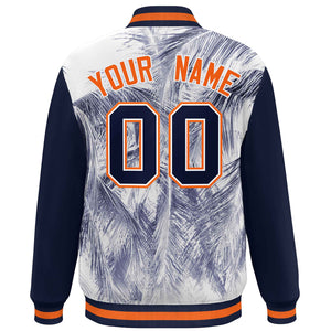 Custom Navy Orange-White Maple Leaf Raglan Sleeves Bomber Graffiti Pattern Varsity Jacket