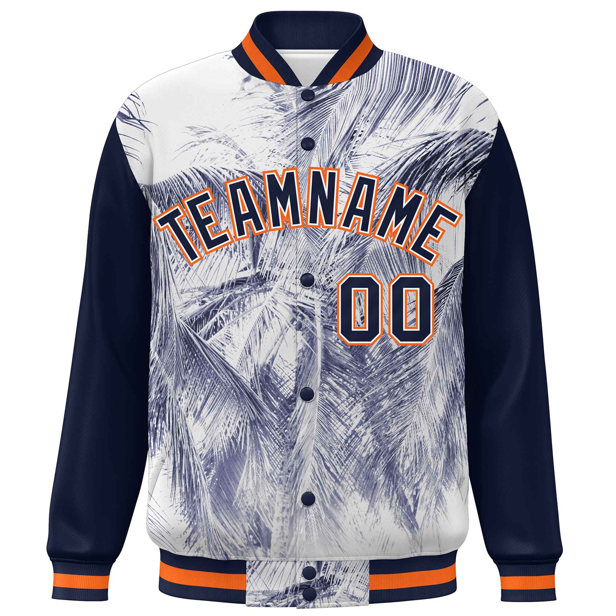 Custom Navy Orange-White Maple Leaf Raglan Sleeves Bomber Graffiti Pattern Varsity Jacket