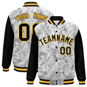 Custom Black Gold Maple Leaf Raglan Sleeves Bomber Graffiti Pattern Varsity Jacket