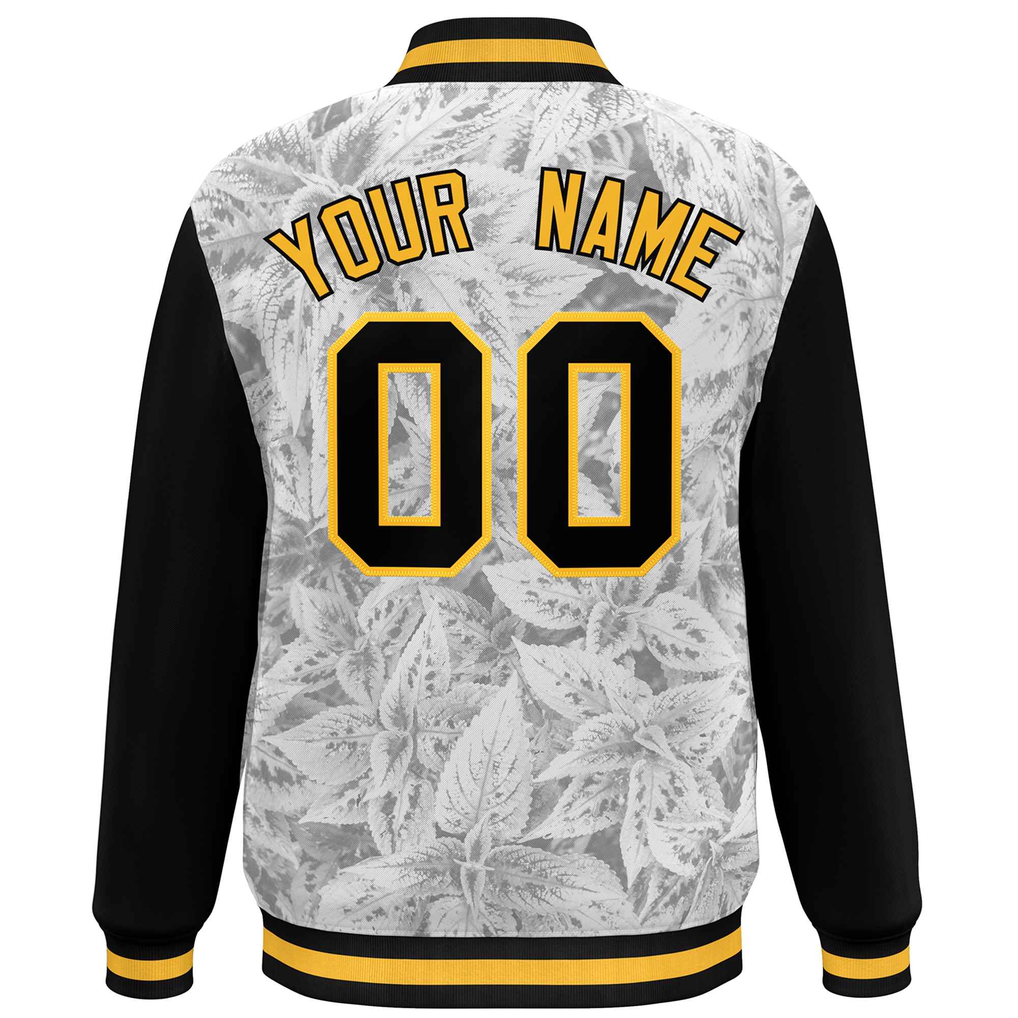 Custom Black Gold Maple Leaf Raglan Sleeves Bomber Graffiti Pattern Varsity Jacket