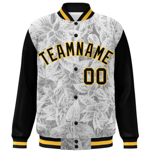 Custom Black Gold Maple Leaf Raglan Sleeves Bomber Graffiti Pattern Varsity Jacket