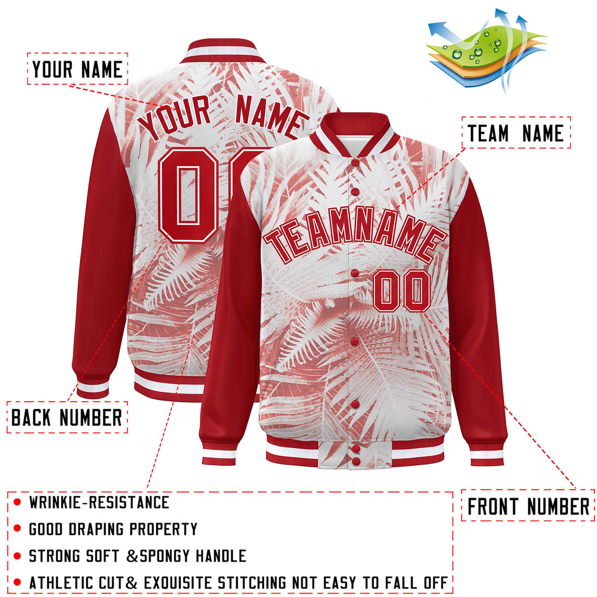 Custom Red White Maple Leaf Raglan Sleeves Bomber Graffiti Pattern Varsity Jacket