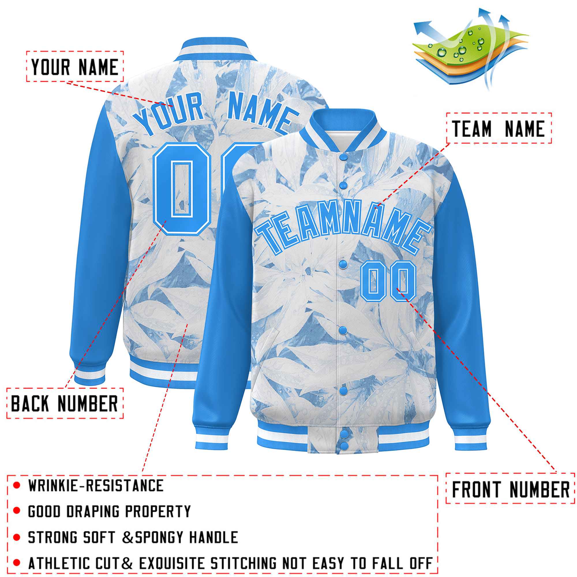 Custom Powder Blue White Maple Leaf Raglan Sleeves Bomber Graffiti Pattern Varsity Jacket