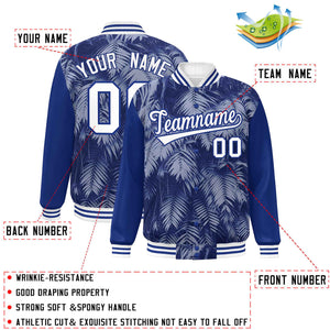 Custom Royal White-Navy Maple Leaf Raglan Sleeves Bomber Graffiti Pattern Varsity Jacket