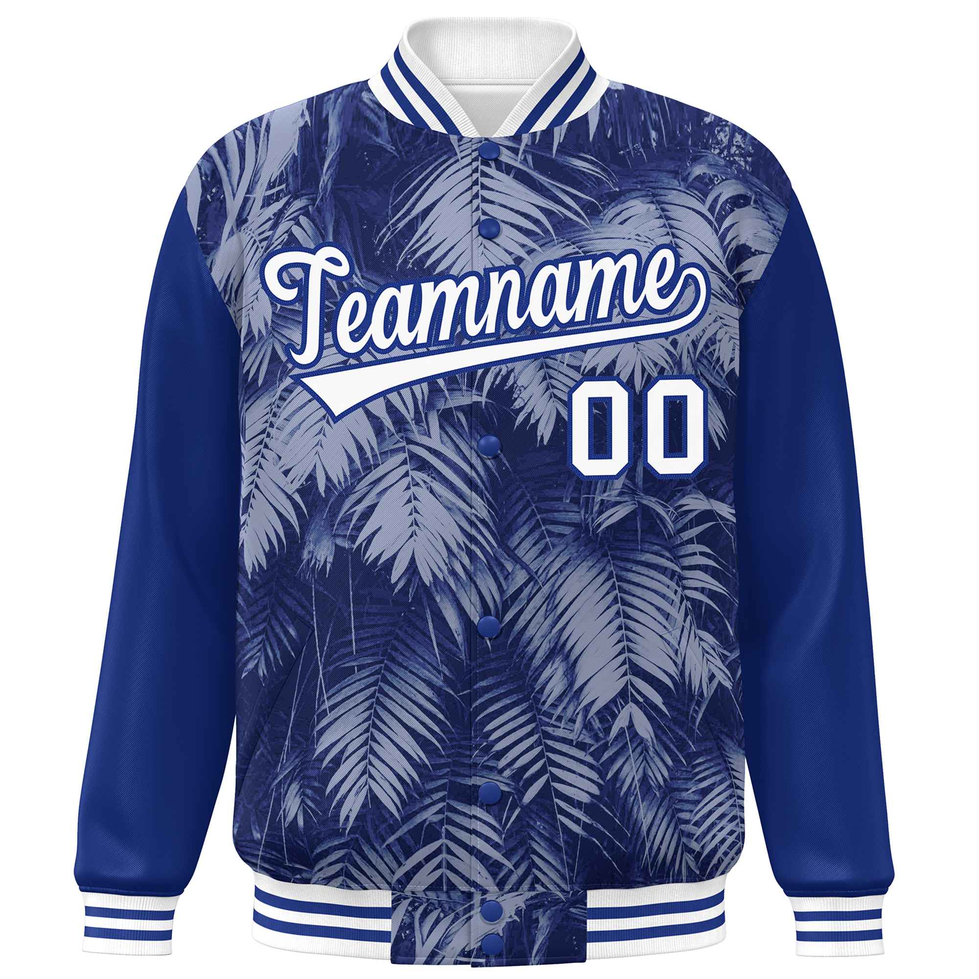 Custom Royal White-Navy Maple Leaf Raglan Sleeves Bomber Graffiti Pattern Varsity Jacket