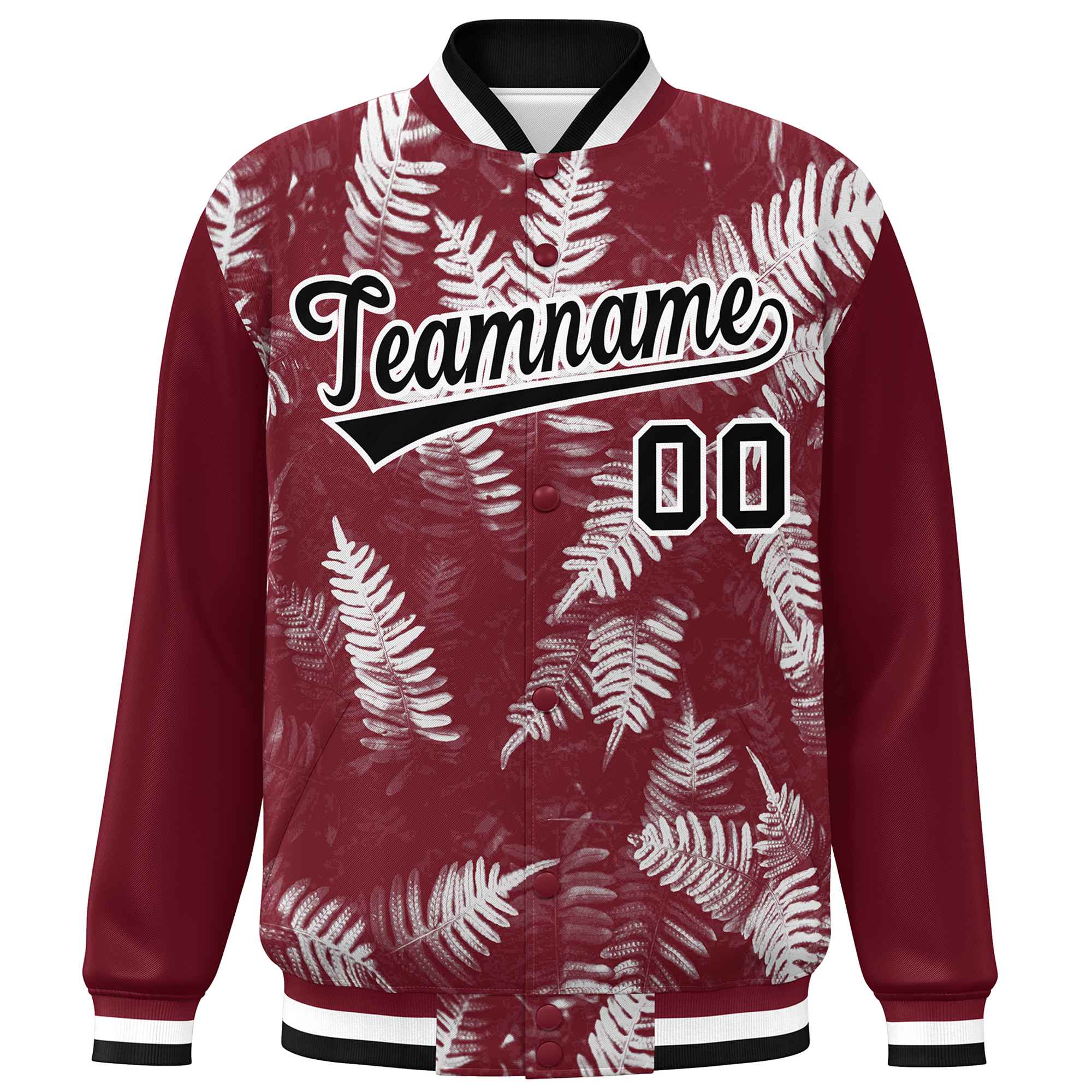 Custom Crimson Black-White Maple Leaf Raglan Sleeves Bomber Graffiti Pattern Varsity Jacket