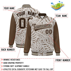 Custom Light Brown Brown-Cream Maple Leaf Raglan Sleeves Bomber Graffiti Pattern Varsity Jacket