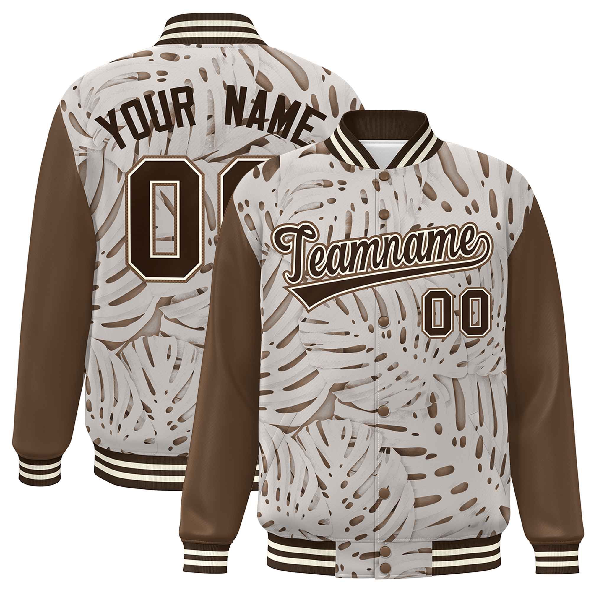 Custom Light Brown Brown-Cream Maple Leaf Raglan Sleeves Bomber Graffiti Pattern Varsity Jacket