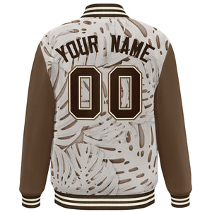 Custom Light Brown Brown-Cream Maple Leaf Raglan Sleeves Bomber Graffiti Pattern Varsity Jacket