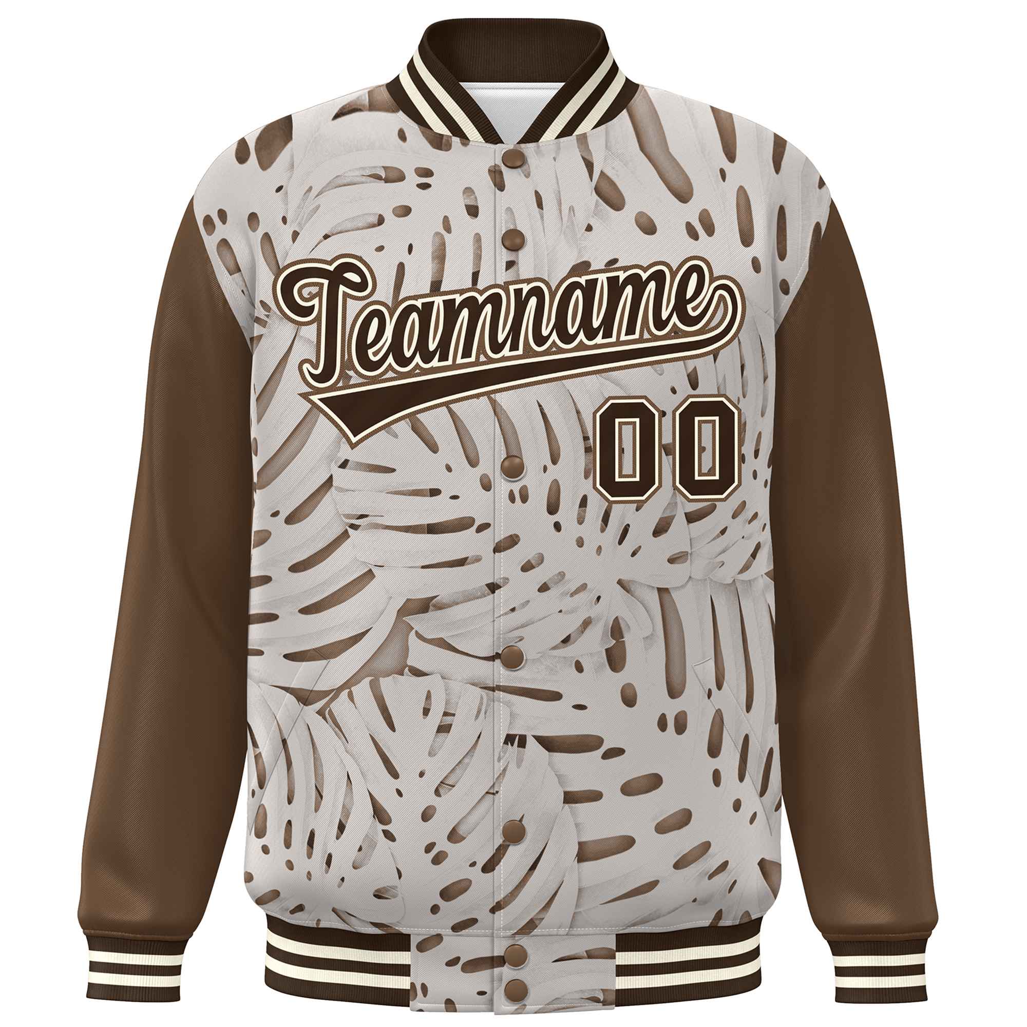 Custom Light Brown Brown-Cream Maple Leaf Raglan Sleeves Bomber Graffiti Pattern Varsity Jacket