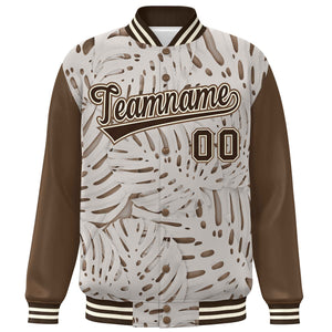 Custom Light Brown Brown-Cream Maple Leaf Raglan Sleeves Bomber Graffiti Pattern Varsity Jacket