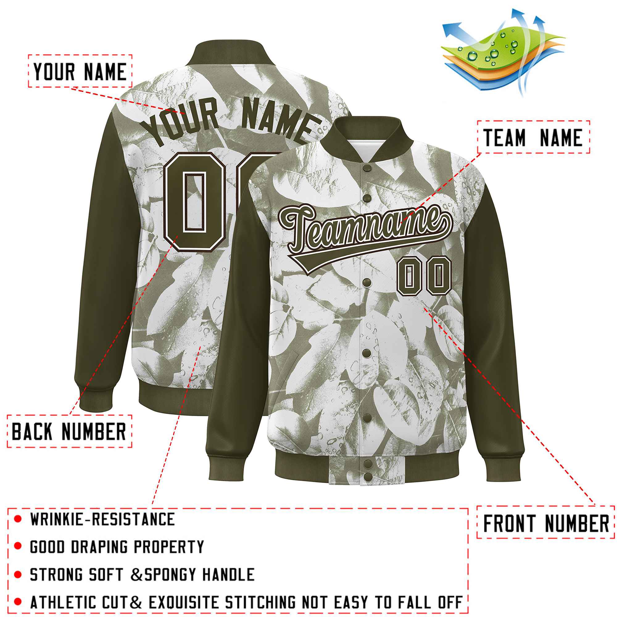 Custom Olive White-Brown Maple Leaf Raglan Sleeves Bomber Graffiti Pattern Varsity Jacket