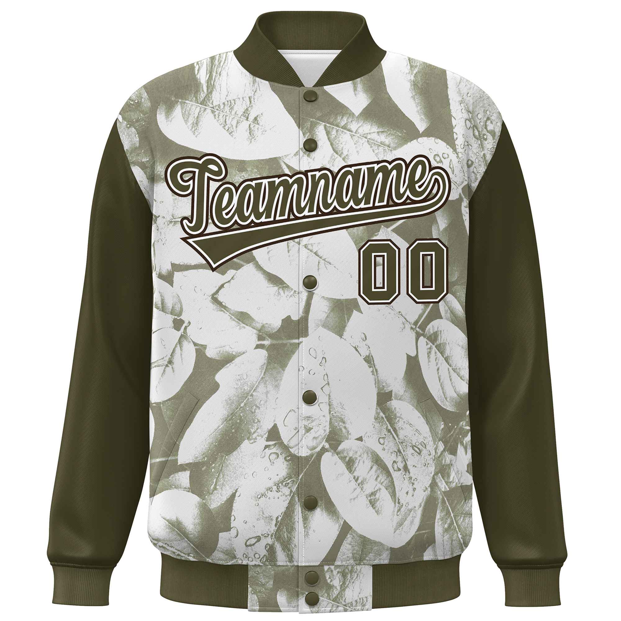 Custom Olive White-Brown Maple Leaf Raglan Sleeves Bomber Graffiti Pattern Varsity Jacket