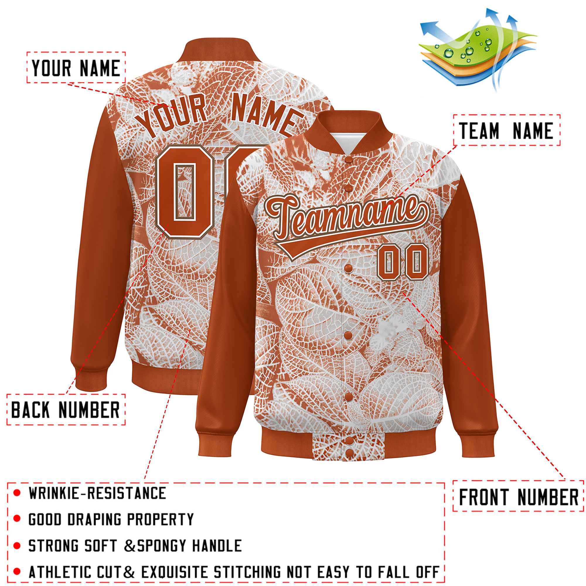 Custom Texas Orange White-Light Brown Maple Leaf Raglan Sleeves Bomber Graffiti Pattern Varsity Jacket