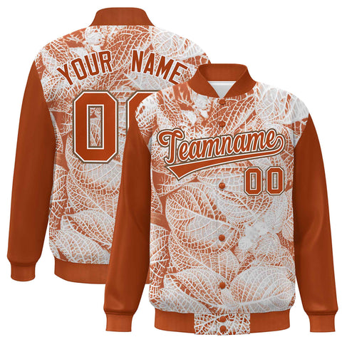 Custom Texas Orange White-Light Brown Maple Leaf Raglan Sleeves Bomber Graffiti Pattern Varsity Jacket