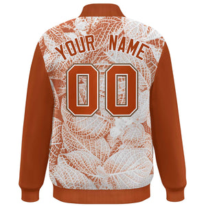 Custom Texas Orange White-Light Brown Maple Leaf Raglan Sleeves Bomber Graffiti Pattern Varsity Jacket