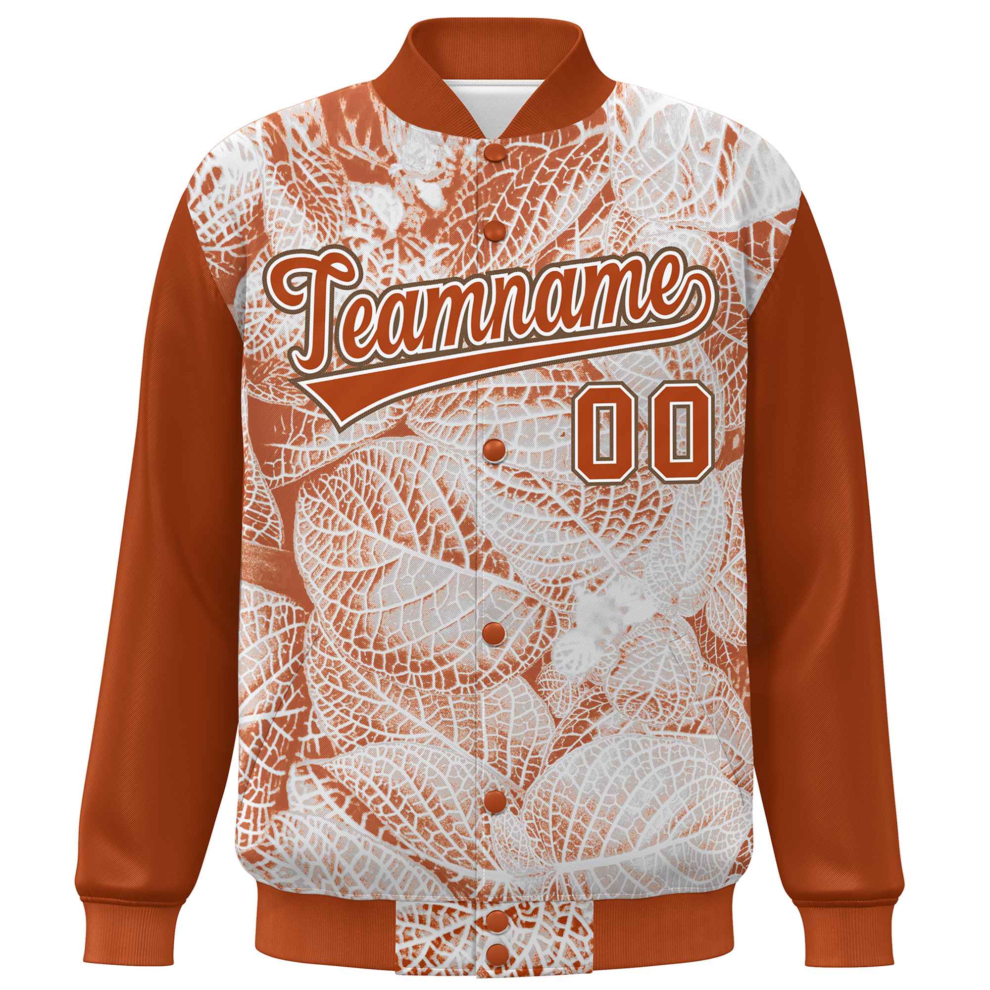 Custom Texas Orange White-Light Brown Maple Leaf Raglan Sleeves Bomber Graffiti Pattern Varsity Jacket