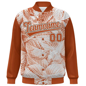 Custom Texas Orange White-Light Brown Maple Leaf Raglan Sleeves Bomber Graffiti Pattern Varsity Jacket