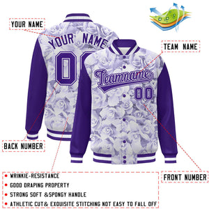 Custom Purple White Maple Leaf Raglan Sleeves Bomber Graffiti Pattern Varsity Jacket