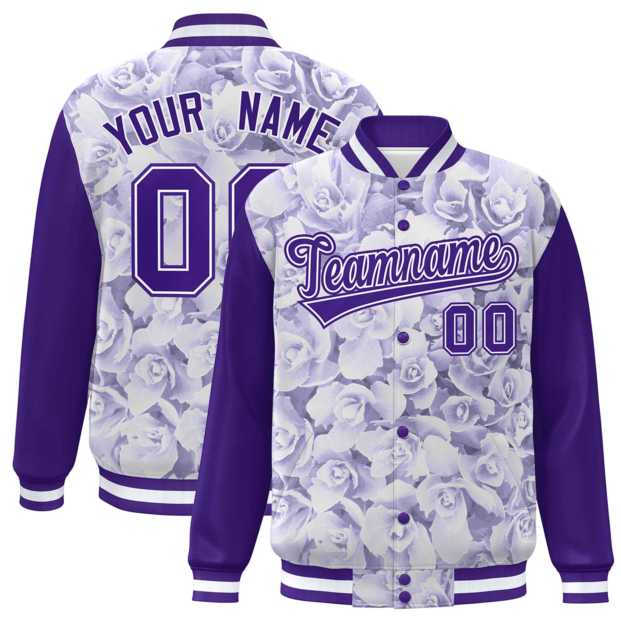 Custom Purple White Maple Leaf Raglan Sleeves Bomber Graffiti Pattern Varsity Jacket