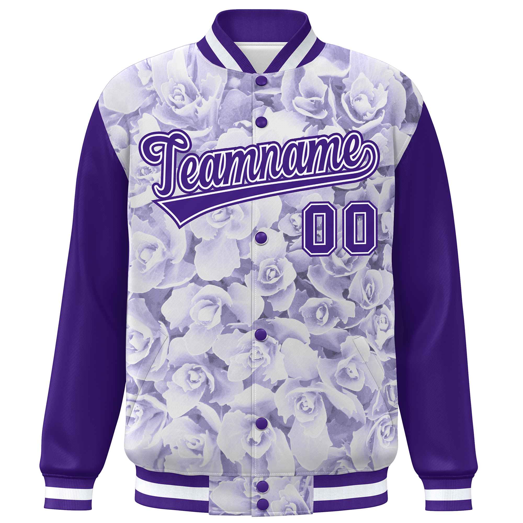 Custom Purple White Maple Leaf Raglan Sleeves Bomber Graffiti Pattern Varsity Jacket