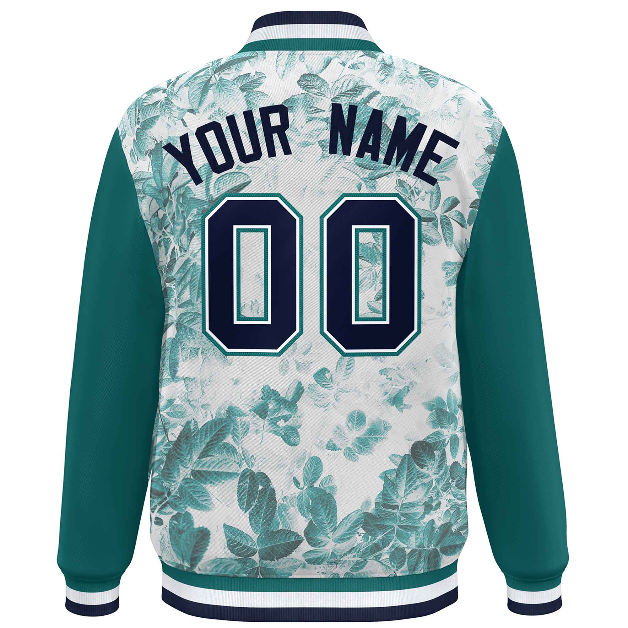 Custom Aqua Navy-White Maple Leaf Raglan Sleeves Bomber Graffiti Pattern Varsity Jacket