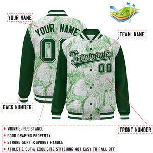 Custom Green White Maple Leaf Raglan Sleeves Bomber Graffiti Pattern Varsity Jacket