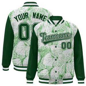 Custom Green White Maple Leaf Raglan Sleeves Bomber Graffiti Pattern Varsity Jacket