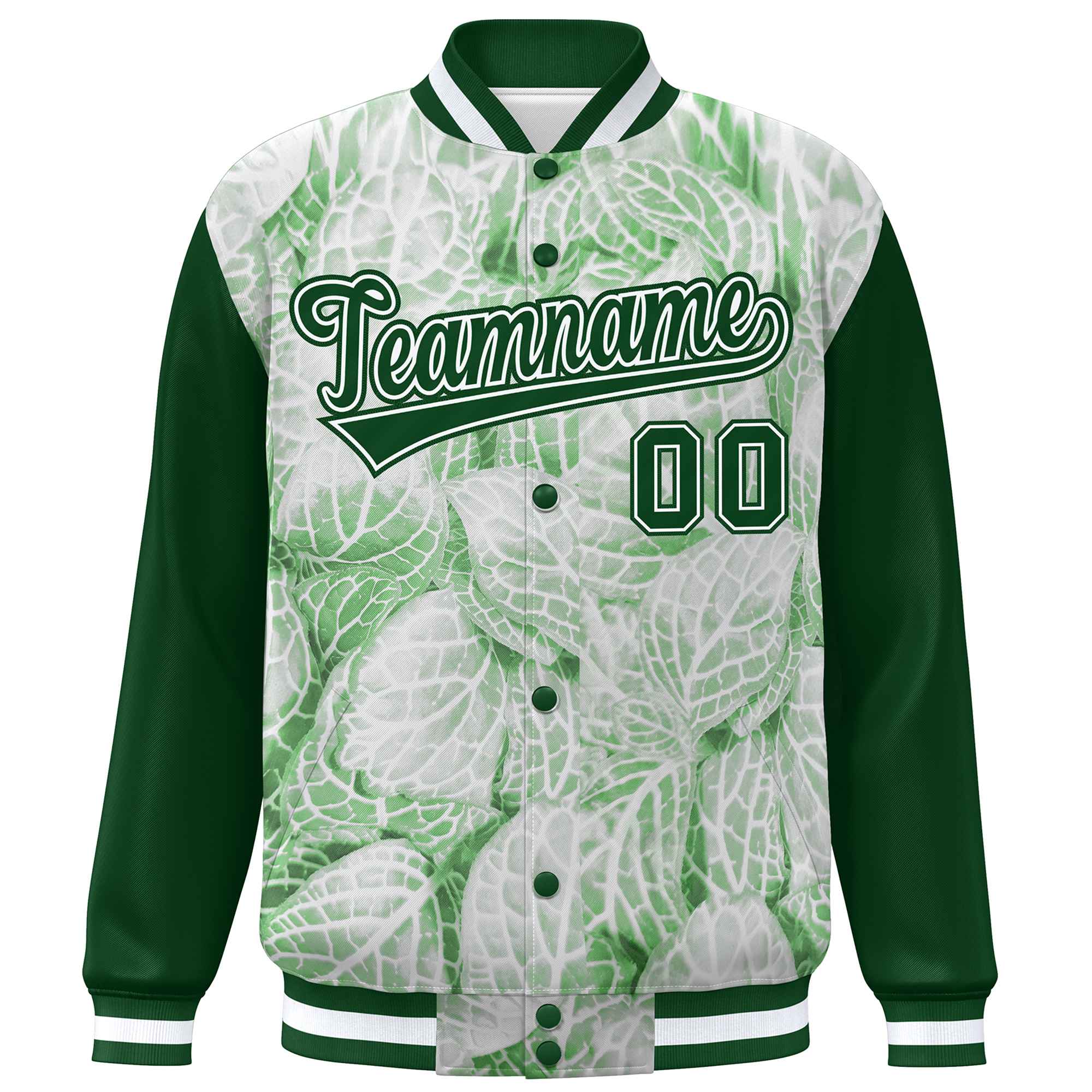 Custom Green White Maple Leaf Raglan Sleeves Bomber Graffiti Pattern Varsity Jacket