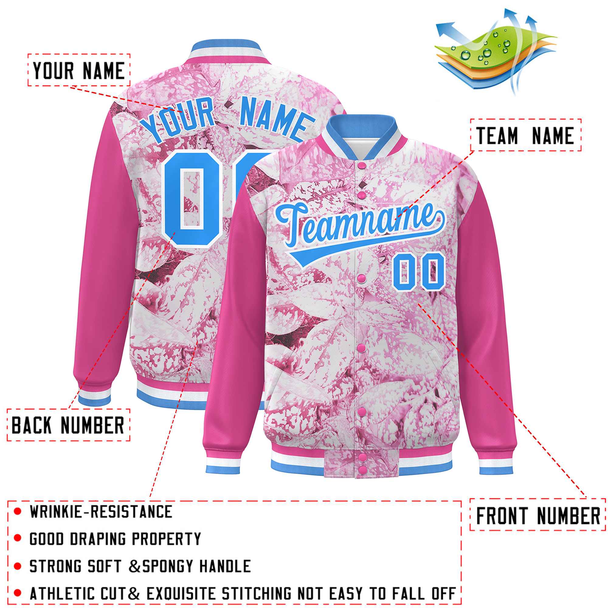 Custom Pink Powder Blue-White Maple Leaf Raglan Sleeves Bomber Graffiti Pattern Varsity Jacket