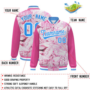 Custom Pink Powder Blue-White Maple Leaf Raglan Sleeves Bomber Graffiti Pattern Varsity Jacket