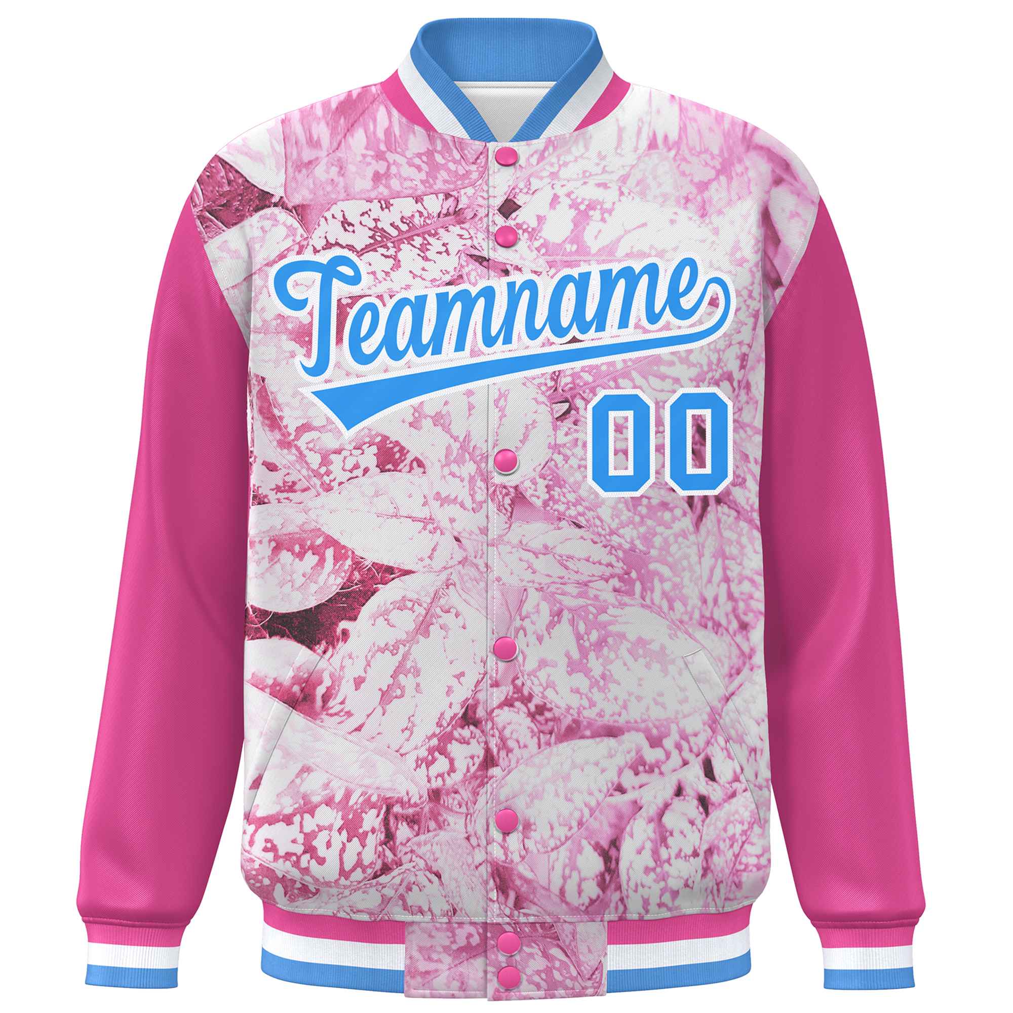 Custom Pink Powder Blue-White Maple Leaf Raglan Sleeves Bomber Graffiti Pattern Varsity Jacket