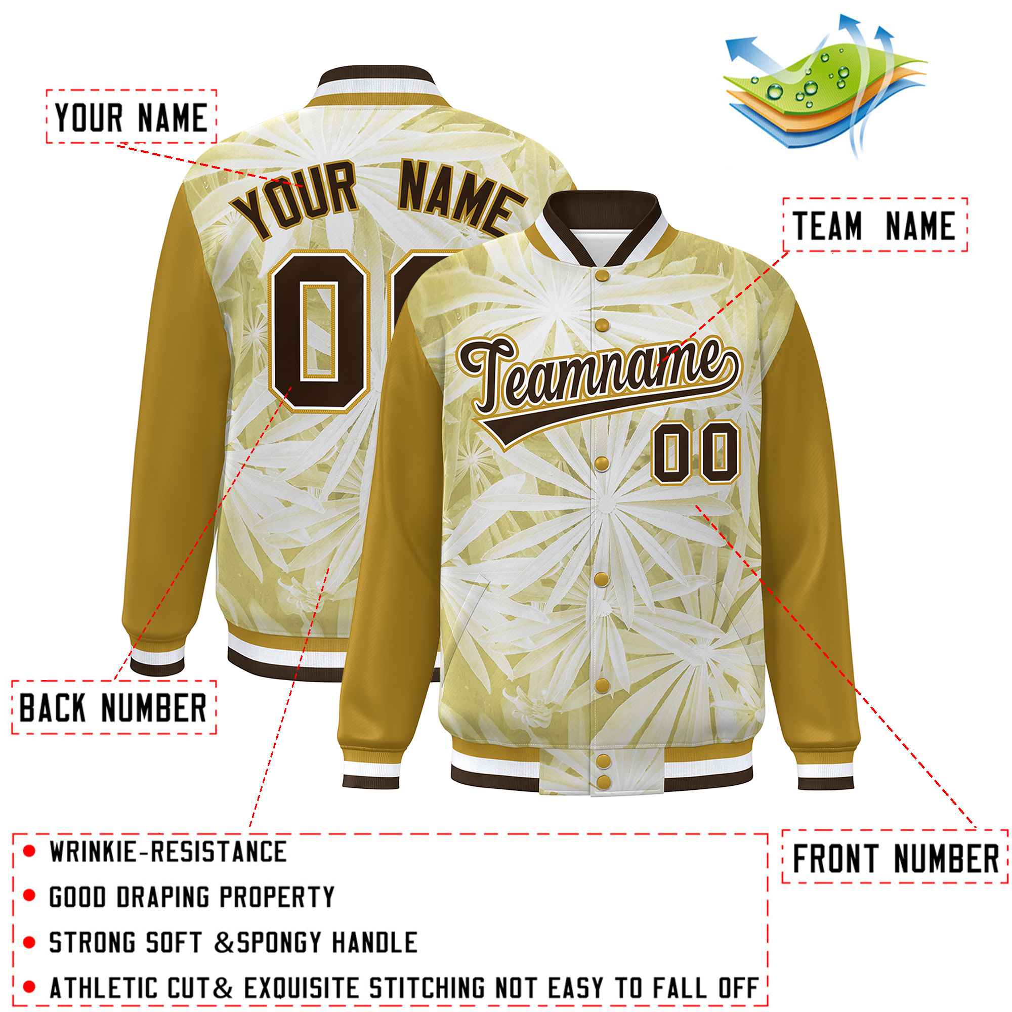 Custom Old Gold Brown-White Maple Leaf Raglan Sleeves Bomber Graffiti Pattern Varsity Jacket