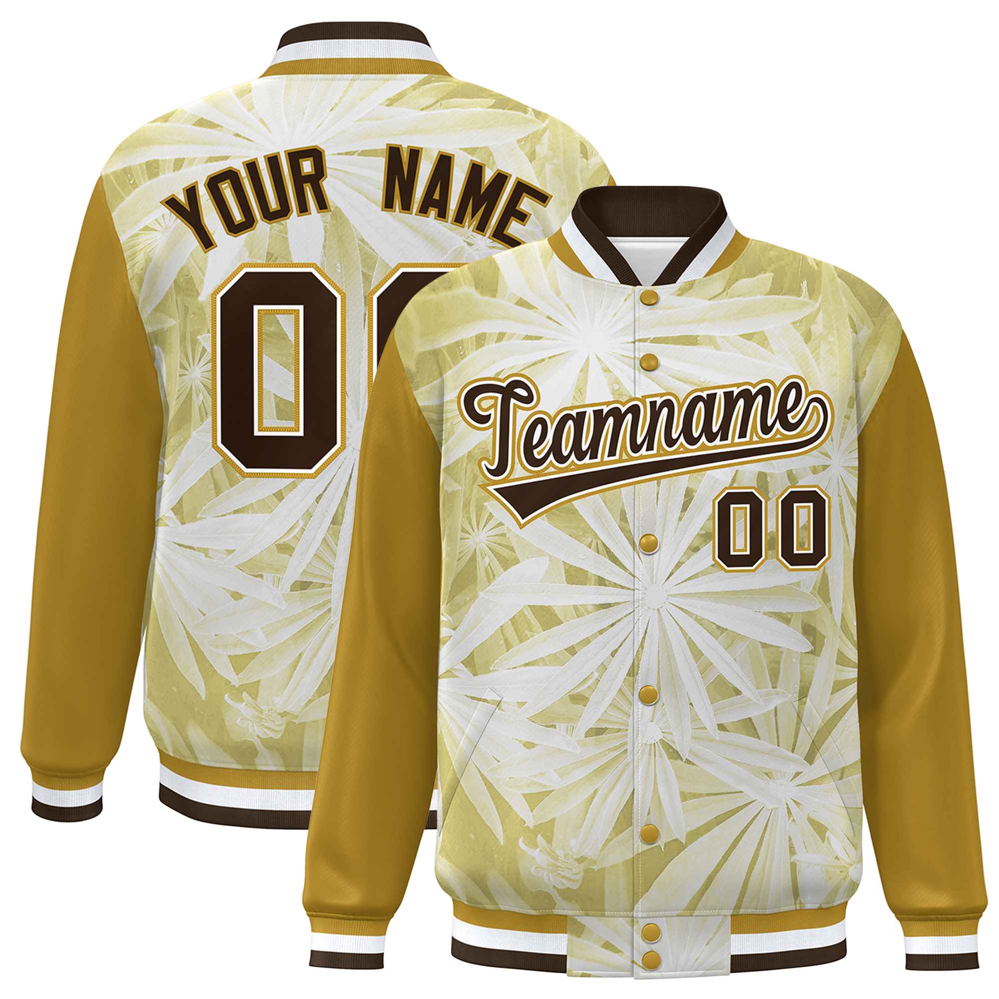 Custom Old Gold Brown-White Maple Leaf Raglan Sleeves Bomber Graffiti Pattern Varsity Jacket