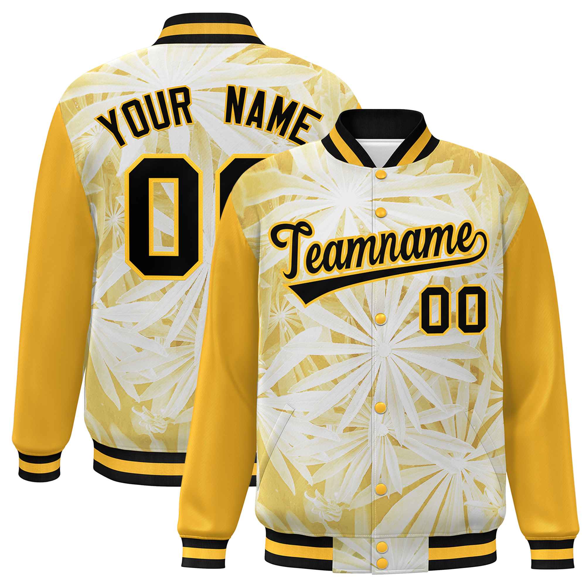 Custom Gold Black Maple Leaf Raglan Sleeves Bomber Graffiti Pattern Varsity Jacket