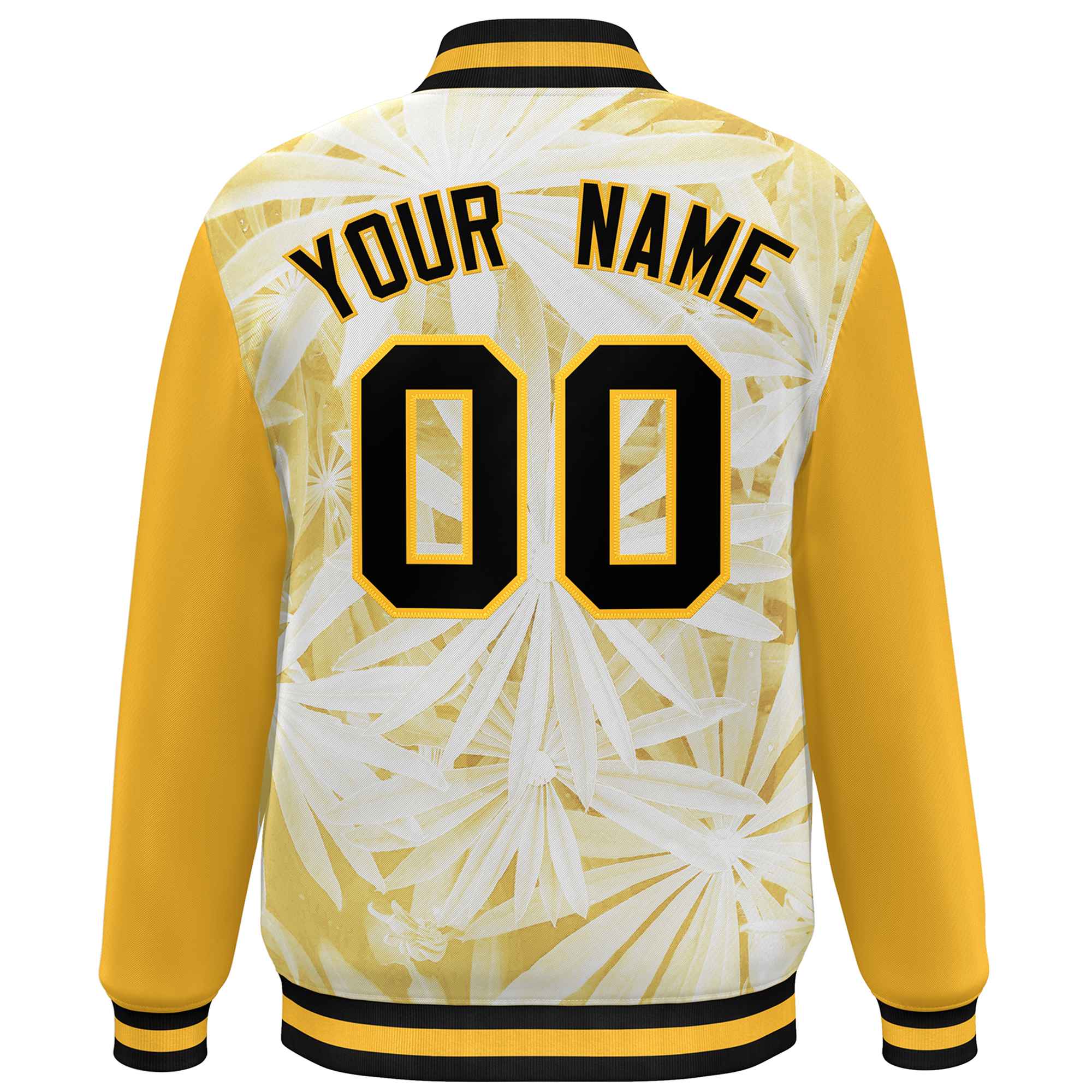 Custom Gold Black Maple Leaf Raglan Sleeves Bomber Graffiti Pattern Varsity Jacket