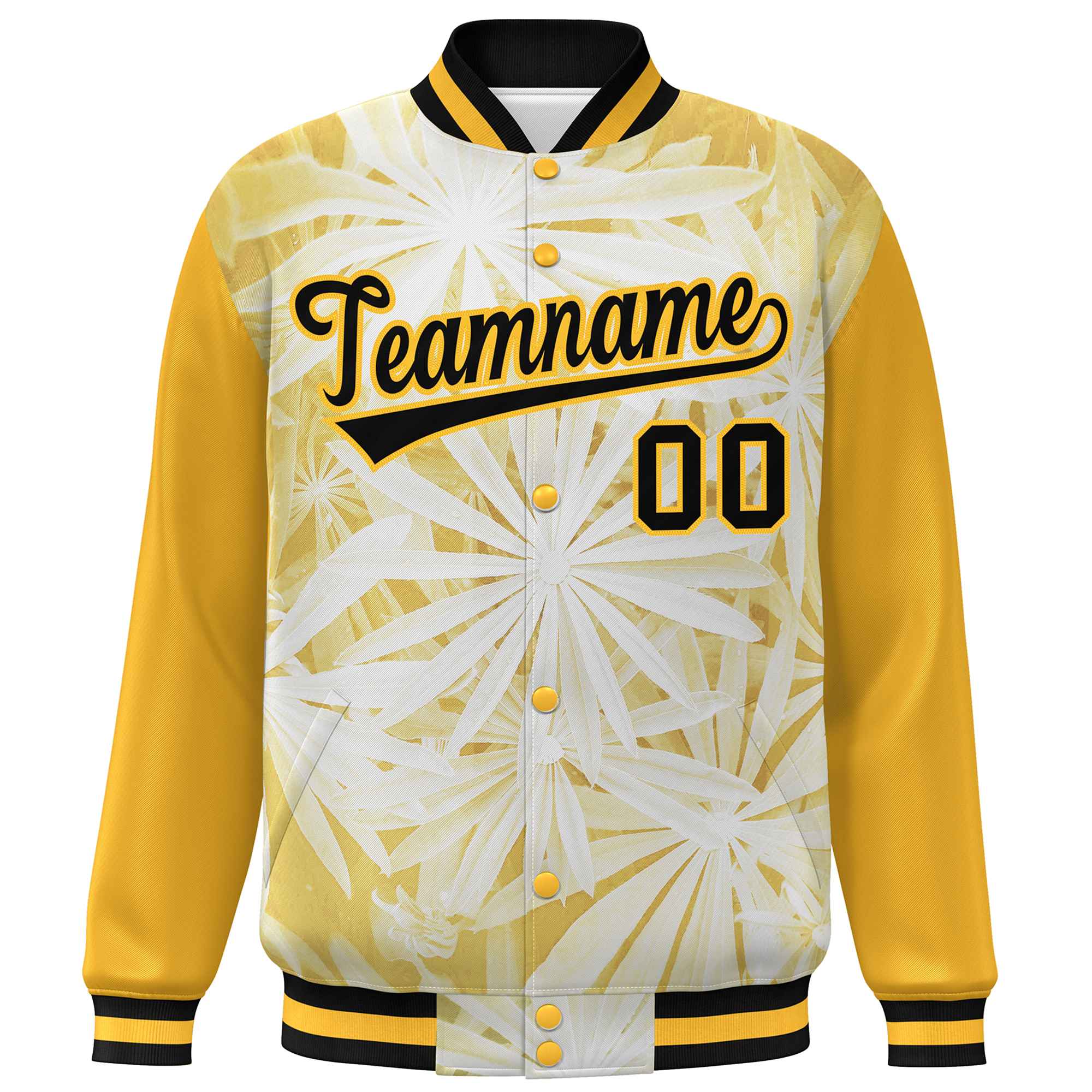 Custom Gold Black Maple Leaf Raglan Sleeves Bomber Graffiti Pattern Varsity Jacket