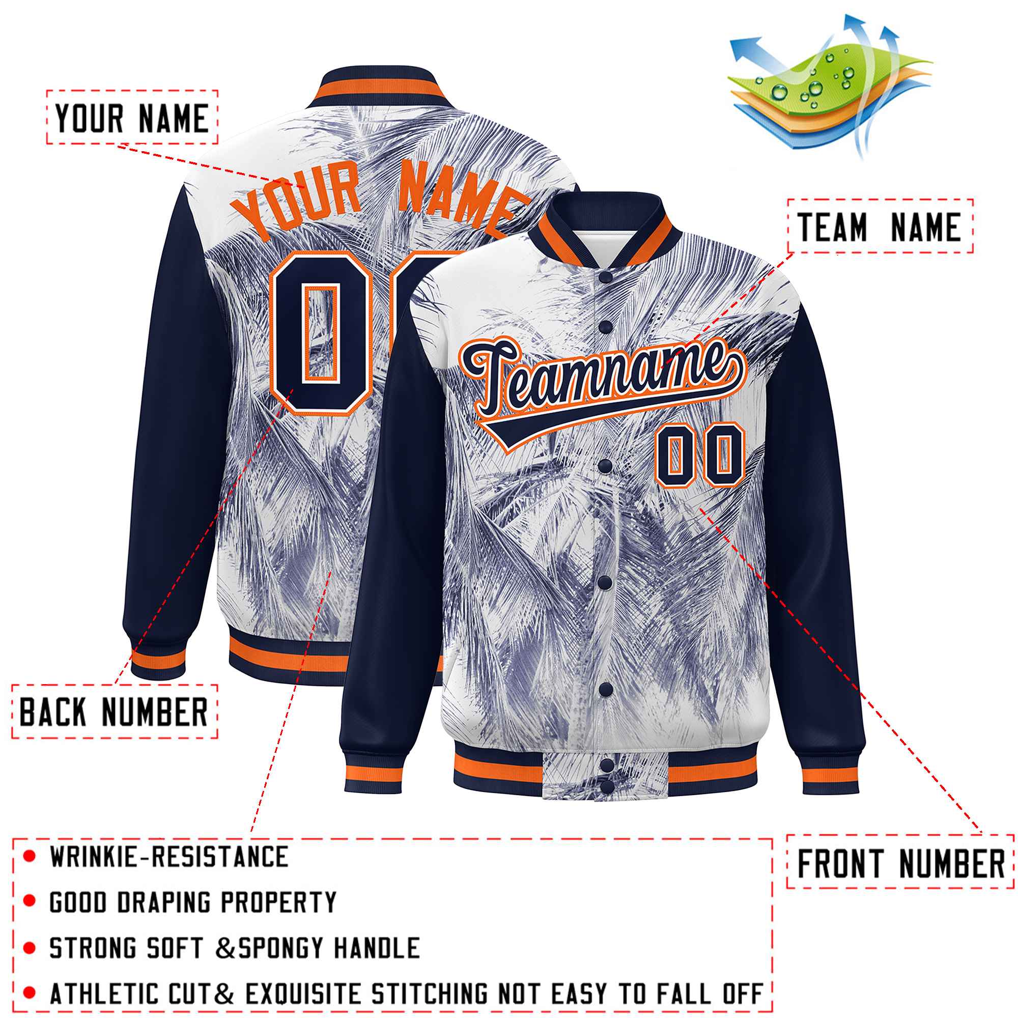 Custom Navy Orange-White Maple Leaf Raglan Sleeves Bomber Graffiti Pattern Varsity Jacket