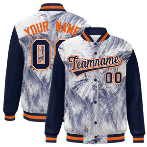 Custom Navy Orange-White Maple Leaf Raglan Sleeves Bomber Graffiti Pattern Varsity Jacket