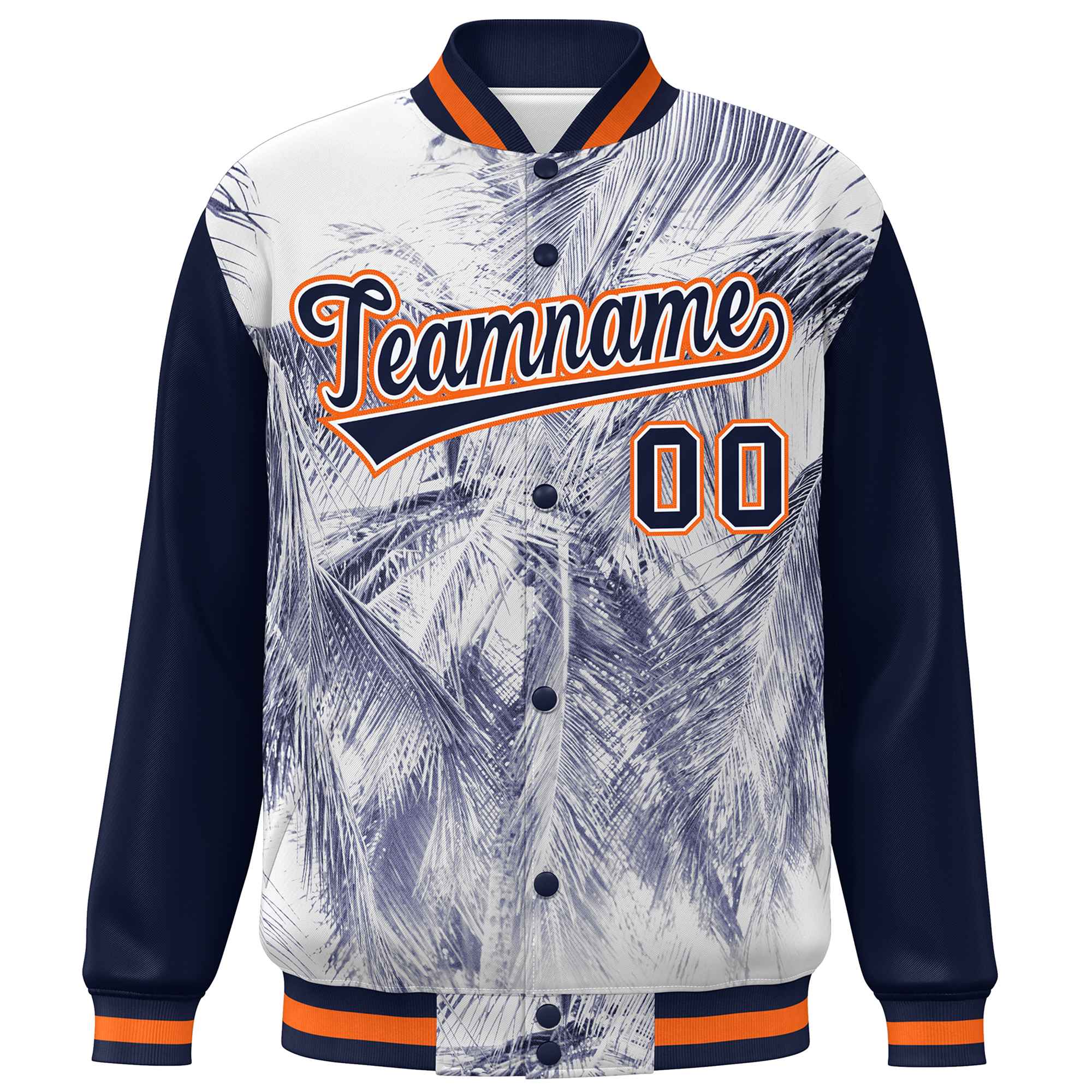 Custom Navy Orange-White Maple Leaf Raglan Sleeves Bomber Graffiti Pattern Varsity Jacket