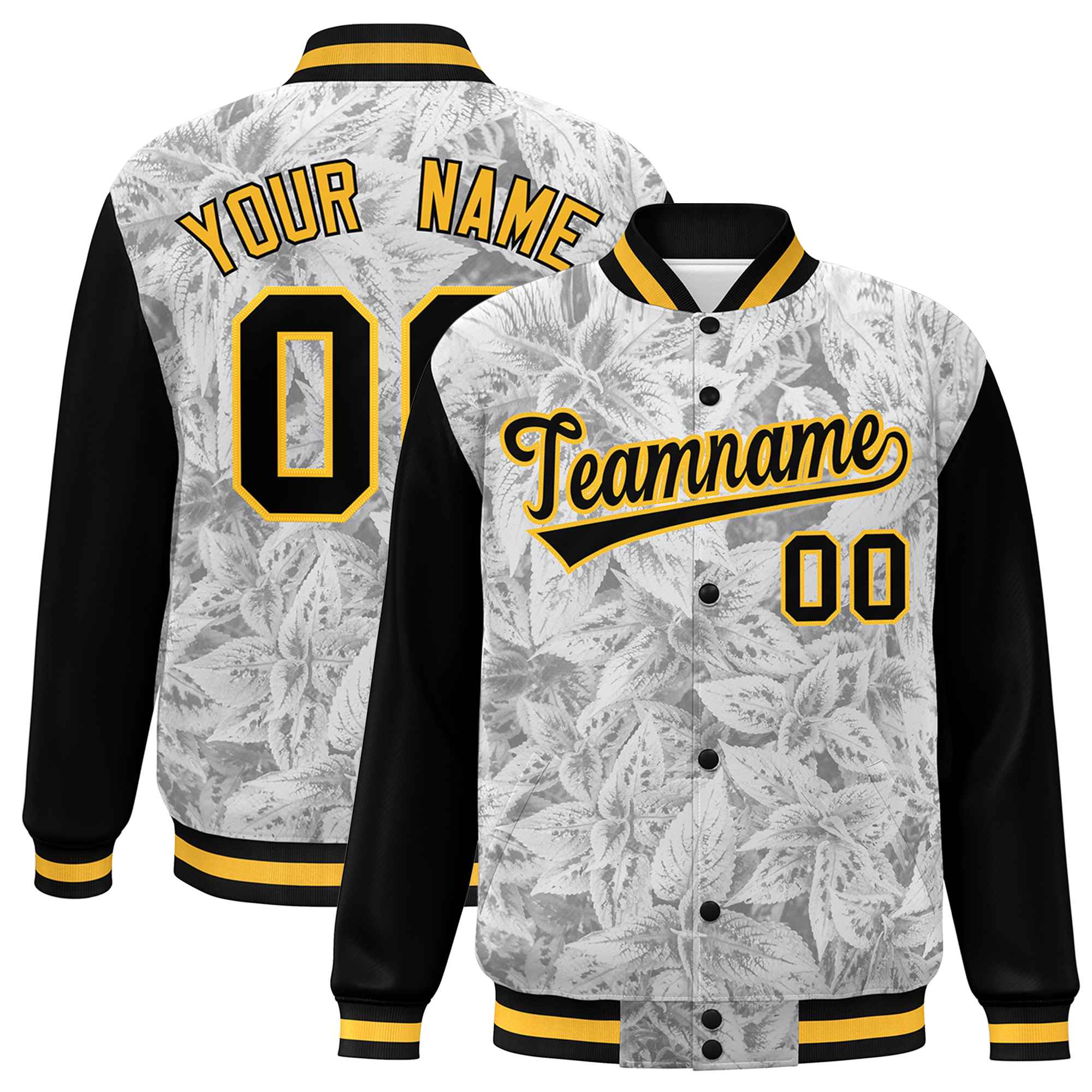 Custom Black Gold Maple Leaf Raglan Sleeves Bomber Graffiti Pattern Varsity Jacket