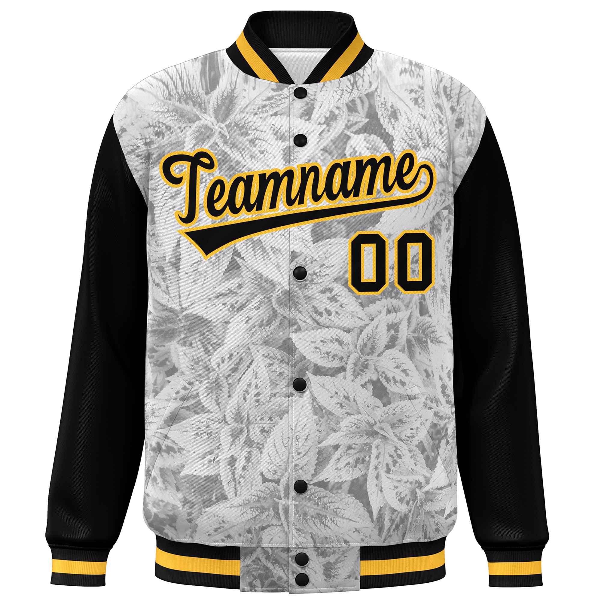 Custom Black Gold Maple Leaf Raglan Sleeves Bomber Graffiti Pattern Varsity Jacket