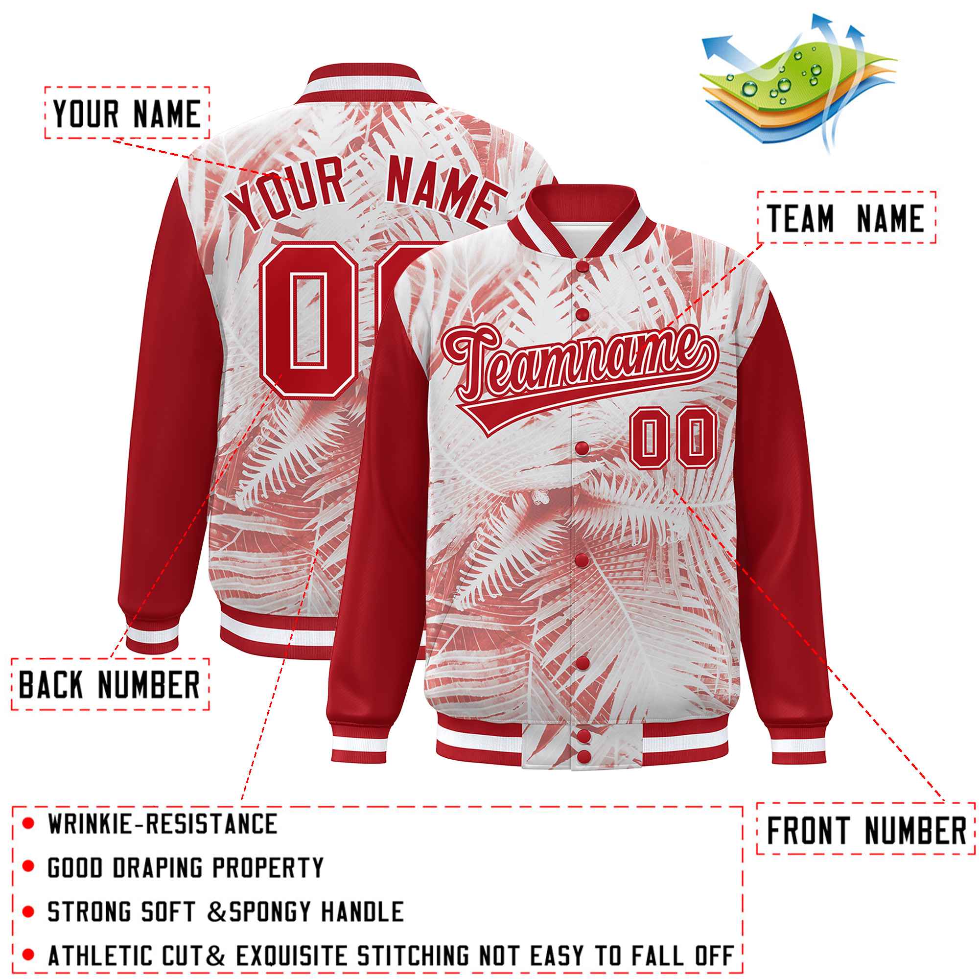 Custom Red White Maple Leaf Raglan Sleeves Bomber Graffiti Pattern Varsity Jacket