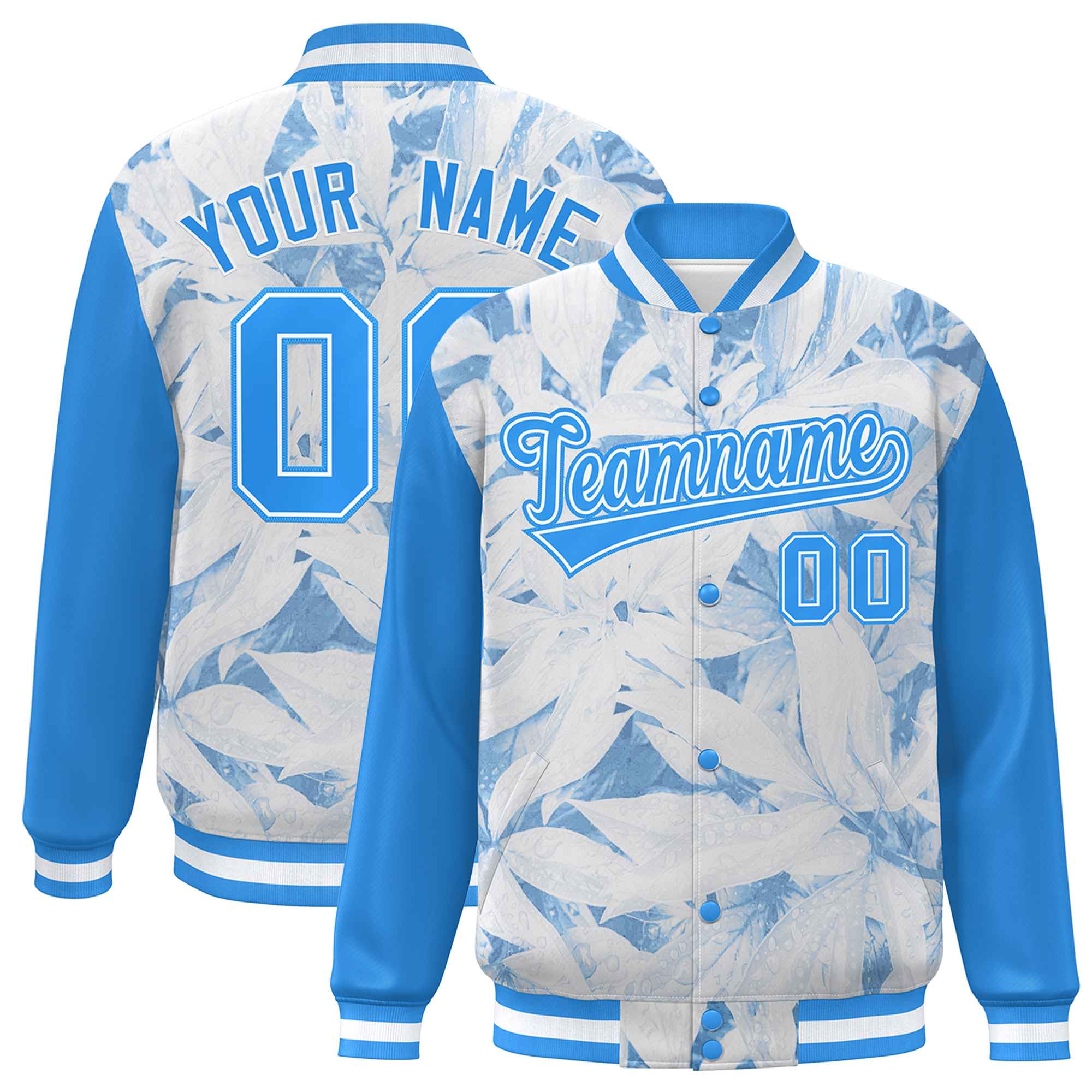 Custom Powder Blue White Maple Leaf Raglan Sleeves Bomber Graffiti Pattern Varsity Jacket